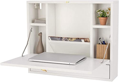 GRAFFY Wall Mounted Table, Multifunctional Folding Hanging Storage Cabinet, Space Saving Computer Desk w/Storage Drawer and Shelves, Wall Mount Laptop Desk for Home Office (White)