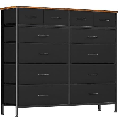 VASICAR Dresser for Bedroom with 12 Drawers, Tall Fabric Drawer Dressers | Storage Organizer Cabinet, Compact Chest of Drawers for Closet, Nursery, Living Room, Laundry, Entryway, Apartment (Black) - color: Rustic Black