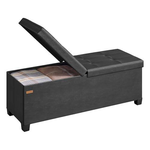 SONGMICS Storage Ottoman Bench with Legs, Folding Ottoman Foot Rest with Flipping Lid, Bench with Storage, for Living Room, Bedroom, Entryway, Synthetic Leather, 43.3 Inches, Ink Black ULSF085BH01 - color: Black, style: with Flipping Lid