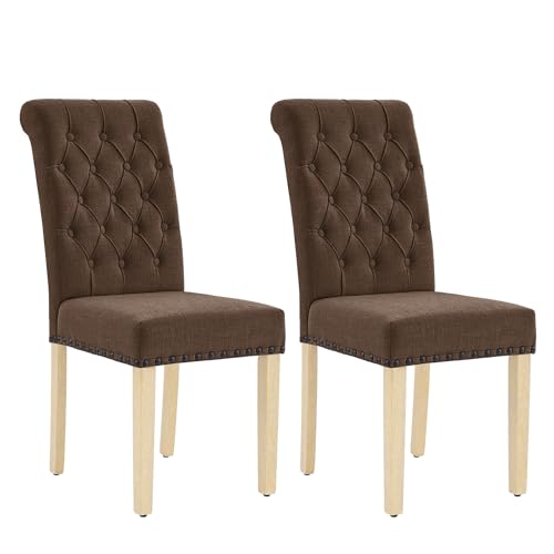 adochr Linen Dining Chairs Set of 2, Armless Parsons Chairs,Dark Brown | Wooden Legs & Tufted Buttons, Upholstered Dining Room Chair for Kitchen/Dining Room/Living Room - color: Dark Brown, size: 2PCS