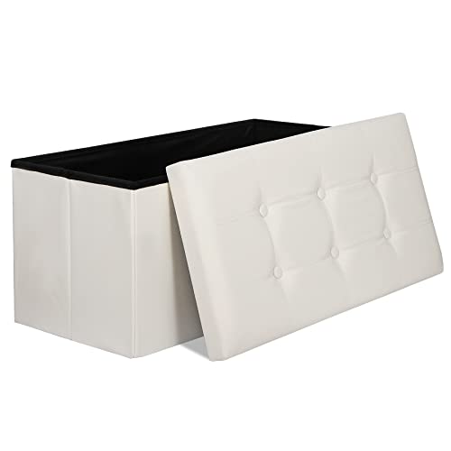 Nouva 30 Inches Ottoman Storage Bench, Folding Design Chest Faux Leather Ottomans Footrest for Bedroom Living Room Office,Entryway, Creamy White - color: Creamy White, size: 15"D x 30"W x 15"H