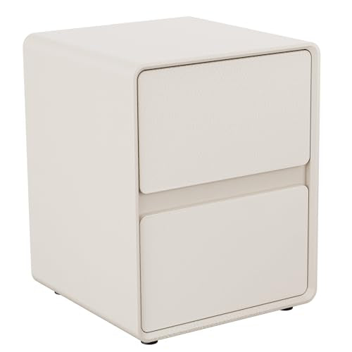 15.8" W Faux Leather Narrow Nightstand, Fully-Assembled Bedside Table with 2 Drawers, Wood Night Stand Small Accent End Table & Side Table for Bedroom, Cream White - color: Cream, size: 16in