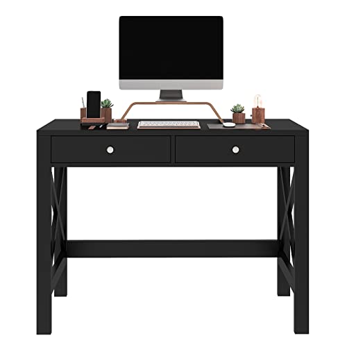 ChooChoo 40 Inches Farmhouse Computer Desk with 2 Drawers | Wooden Writing Desk, Study Desk for Home Office, Makeup Vanity, Black - color: Black, size: 40inch without Power Outlet