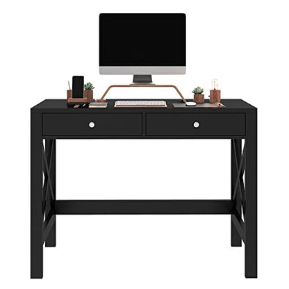 ChooChoo 40 Inches Farmhouse Computer Desk with 2 Drawers | Wooden Writing Desk, Study Desk for Home Office, Makeup Vanity, Black - color: Black, size: 40inch without Power Outlet