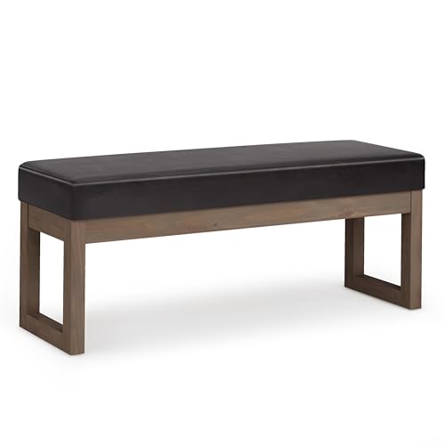 SIMPLIHOME Moore 32" Wide Linen Look Round Ottoman in Light Grey | Tanners brown, contemporary ottoman bench or footrest with a cushioned seat for extra seating in the living room or bedroom. - color: Tanners Brown, style: Large Ottoman Bench