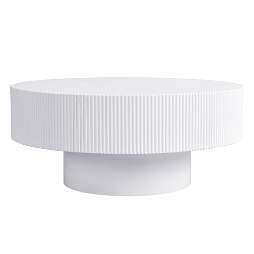 31.5" White Round Coffee Table with 6.8" Thick Tabletop & Sturdy Base, Modern Drum Center Table Circle Accent Side Table for Living Room, Minimalist Fluted Design, White - color: 31.5" Round Style 1, White