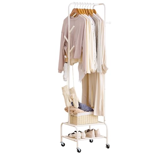 Heavy Duty Clothing Rack with Wheels, Garment Rack, Freestanding Coat Rack with 6 Hooks for Entryway, Bedroom Metal Clothes Hanger Stand for Hats, Jackets, Bags,Shoes (White, Double-layer) - color: White, size: Double-layer