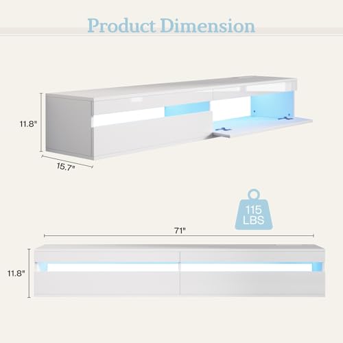 Solid Wood Floating TV Stand-Wall Mounted TV Shelf with Led Lights & Power Outlet, 71" Modern Entertainment Center Media Console with Storage, High Gloss TV Cabinet for 65/75/80 inch TV,White - color: Snow White