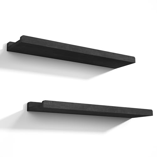 Love-KANKEI 24" Long Black Floating Shelves with Lip,Solid Wood,Set of 2 | Easy to Install,Protective Ledge,18 Lbs/shelf,For Bedroom Living Room Bathroom Kitchen Office,Nursery Display,Wall Decor - color: Black, size: 24 inch