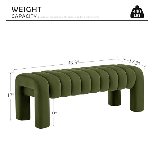 43.3” Dining Room Bench, Olive Green Tufted Upholstered End of Bed Bench, Modern Entryway Ottoman Window Seat with Solid Wood Legs and Padded Seat for Bedroom, Hallway and Living Room (Velvet) - color: Olive Green Velvet, size: 43.3"