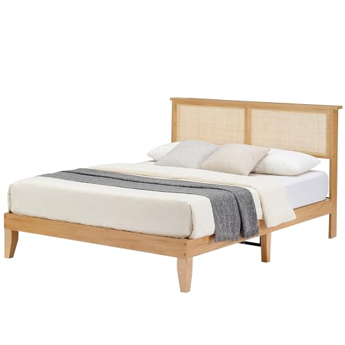 GarveeHome Rattan Bed Frame Full, Full Size Boho Bed Frame with Natural Rattan Headboard, Full Size Bed with Led Lights, Wooden Support Legs and Slats, Noise-Free, No Box Spring Needed - size: Full