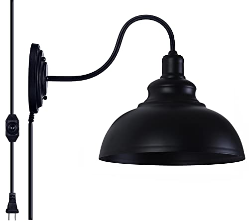 Lightess Plug in Wall Sconce with Dimmable Switch Black Barn Wall Lamp | Flexible Gooseneck Plug In Dimmable Wall Light Rustic Industrial Farmhouse Style For Multiple Indoor Home Decor Spaces - color: Black with Plug-in Cord