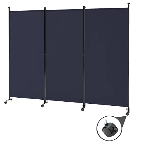 Spurgehom 3 Panel Rolling Room Divider, Folding Partition Privacy Screens | Freestanding Fabric Room Panel, Portable Folding Wall Divider for Office, Room, Restaurant, Hospital (Blue) - color: Blue, size: 3 Panel With Wheels