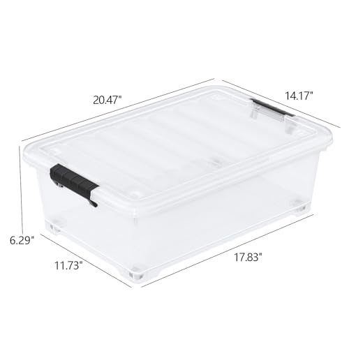 20 Quart Stackable Plastic Underbed Storage Bins with Lid, 4-Pack | Clear Flat Underbed Storage Containers Boxes with Wheels - size: 20 Quart