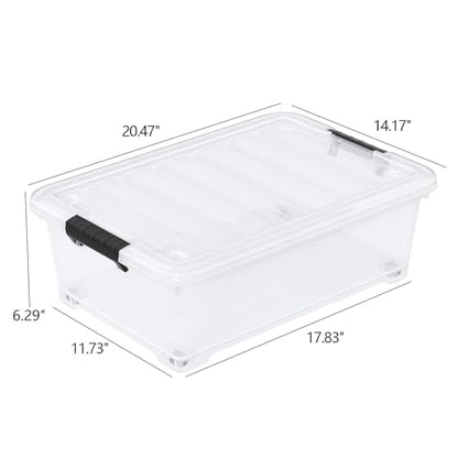 20 Quart Stackable Plastic Underbed Storage Bins with Lid, 4-Pack | Clear Flat Underbed Storage Containers Boxes with Wheels - size: 20 Quart