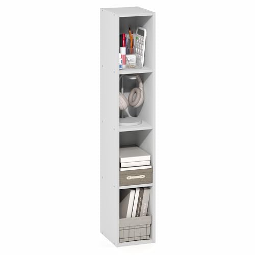 Furinno Fulda Book Shelf, 4-Tier Narrow Bookshelf, Standing Bookcase with 8-in Width Storage Shelf, 9.3 x 7.9 x 41.6, for Organization and Storage, for Living Room, Bedroom, Home Office, White - color: White, size: 4-Tier, 8W