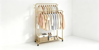 AT-VALY Double Rods Clothes Rack, Sturdy Metal Garment Rack with Wheels, Portable Wardrobe Rack with Bottom Shelf & Side Hooks, Heavy Duty Coat Hanger Stand for Bedroom, Laundry, Living Room,Gold