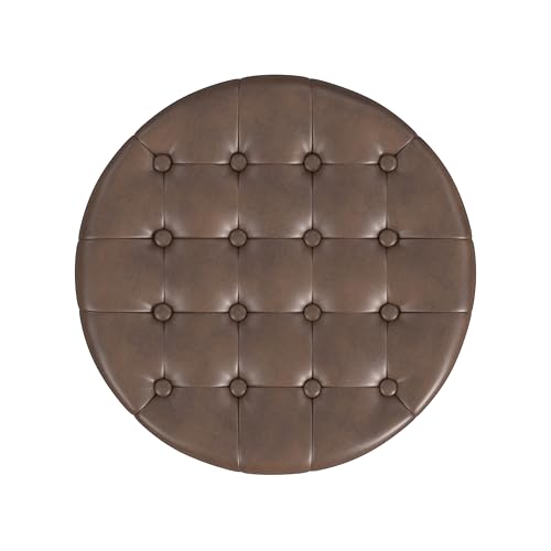 HomePop 19" Faux Leather Button Tufted Round Storage Ottoman - Brown - color: Brown Faux Leather