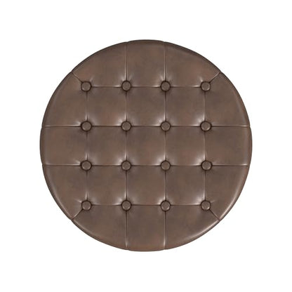 HomePop 19" Faux Leather Button Tufted Round Storage Ottoman - Brown - color: Brown Faux Leather
