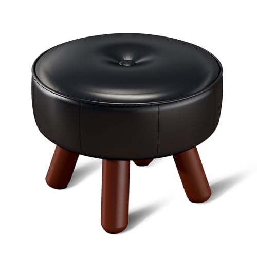 oakvivo 13in Small Foot Stool Ottoman, Round Faux Leather Foot Rest, Black | Footstool Ottomans with Rubber Legs Under Desk, Footrest for Couch, Living Room, Bedroom, Office, 13''L x 13''W x 10.2''H - color: Black