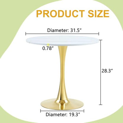 31.5" Round Dining Table, Mid-Century Modern Tulip Table with Thickened Tabletop & Metal Pedestal, Circle Bistro Table for Kitchen, Small Places, Apartments, Cafe - color: White Gold, size: 31.5" dining table