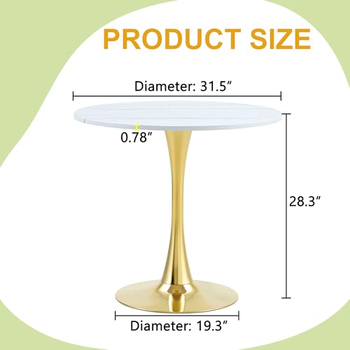 31.5" Round Dining Table, Mid-Century Modern Tulip Table with Thickened Tabletop & Metal Pedestal, Circle Bistro Table for Kitchen, Small Places, Apartments, Cafe - color: White Gold, size: 31.5" dining table