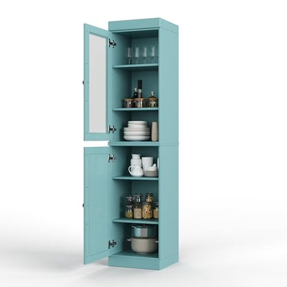 Solid Wood Kitchen Pantry - Narrow Storage Cabinet - 16.5" Wide x 71.5" Tall - 1 Raised Panel & 1 Frosted Glass Door, Sage, Adjustable Shelves, 100% Eco-Friendly Wood, Modular Cabinets - color: Aqua, style: Frosted Glass Top Door / Raised Panel Bottom Doo