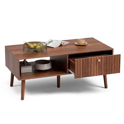 LCRBOL Coffee Table with Fluted Drawer, Mid-Century, Walnut | 39.3"W x 19.7"D x 17.1"H, 1 fluted drawer & open shelf, golden handle, 5 legs, ~45 min assembly - color: Walnut(lsj011-wa)
