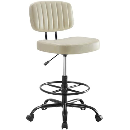 DUMOS Armless Drafting Chair, Standing Desk Chair, Rolling Stool | Ergonomic Low Back Office Seat, Height Adjustable with Footrest Ring, PU Leather, Swivel Wheels, Studio Lab Counter, Beige - color: Beige