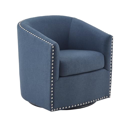 Madison Park Swivel Barrel Accent Chair, Upholstered Curved Back with 7-Inch Thick Woven Cushion, 360° Swivel, Nailhead Trim, Comfy Chair for Living Room, Bedroom, Office, 28" Wide, Blue, Tyler - color: Blue