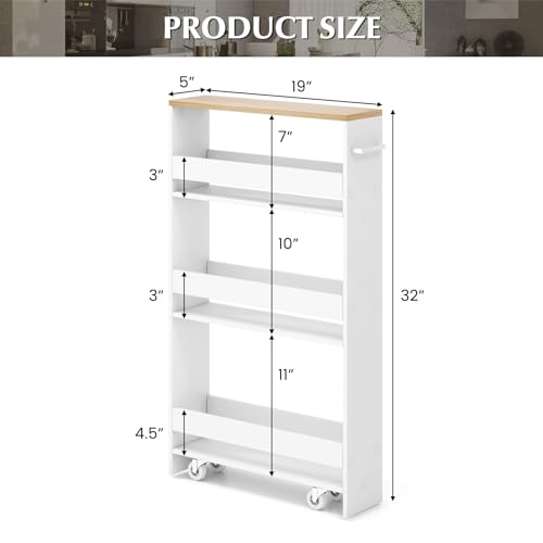 Slim Storage Cart, 4-Tier Rolling Cart with Handle & Wooden Top for Kitchen Bathroom Laundry Living Room Narrow Small Spaces, 5 Inches Width (White & Natural) - color: White & Natural