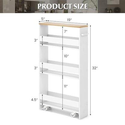 Slim Storage Cart, 4-Tier Rolling Cart with Handle & Wooden Top for Kitchen Bathroom Laundry Living Room Narrow Small Spaces, 5 Inches Width (White & Natural) - color: White & Natural