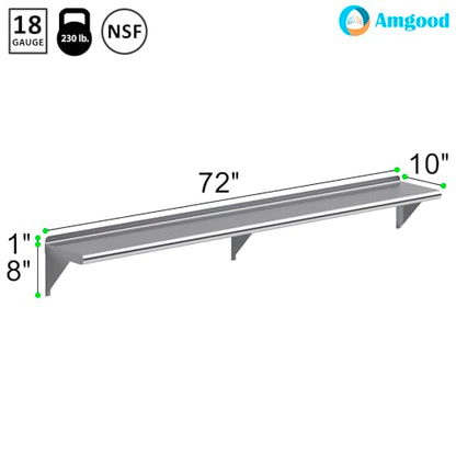 AmGood 10 in. x 72 in. Stainless Steel Wall Shelf | NSF | Metal Shelving | Garage, Laundry, Storage, Utility Room | Restaurant, Commercial Kitchen - size: 10 in. x 72 in.