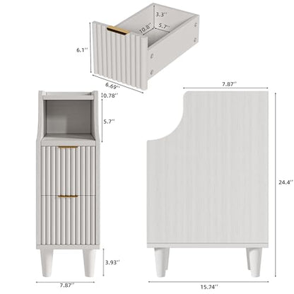 7.9" Narrow Fluted Nightstand Set of 2,Slim Side End Table with 2 Drawers,White Modern Bedside Table,Skinny Night Stand for Bedroom,Small Space - color: White,7.9" With 2 Drawers