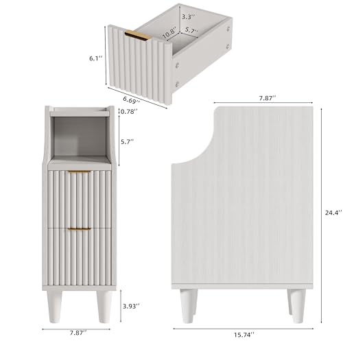7.9" Narrow Fluted Nightstand Set of 2,Slim Side End Table with 2 Drawers,White Modern Bedside Table,Skinny Night Stand for Bedroom,Small Space - color: White,7.9" With 2 Drawers