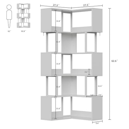 Garvee Corner Bookshelf, 62.6" Tall Metal Wooden Bookcase, Modern Freestanding Corner Shelf with Baffle, 5-Tier L-Shaped Display Rack Storage Organizer for Home Office, Living Room | Modern Freestanding Corner Shelf with Baffle, 5-Tier L-Shaped Display Ra