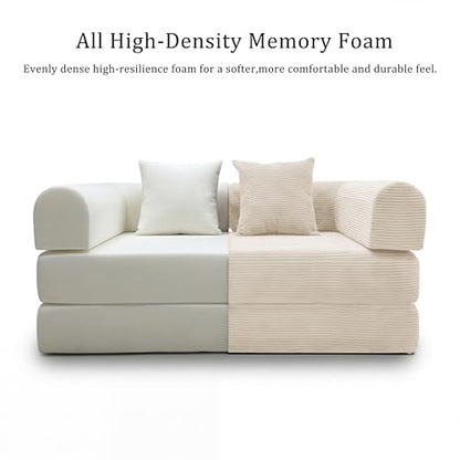 53.15" Boneless Couch,4-in-1 Futon Sofa Bed Modular Loveseat Sleeper Folding Compressed Couch with Pillows,No Assembly Required Convertible Sofa Bed for Living Room Bedroom Guest Room,Beige - color: Beige, size: 53.15" Loveseat Sofa