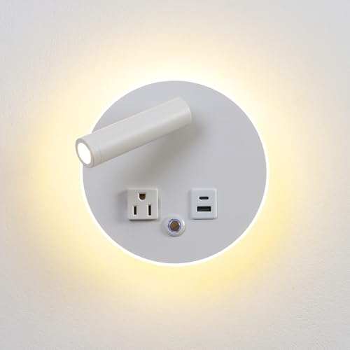 LED Round Wall Lamp Dimming Wall Mounted Reading Lights, Adjustable Headboard Plug in Wall Sconce with USB+USB C Ports, Headboard Bedside Lamp with 6W+3W Night Light 3000K (White) - color: White