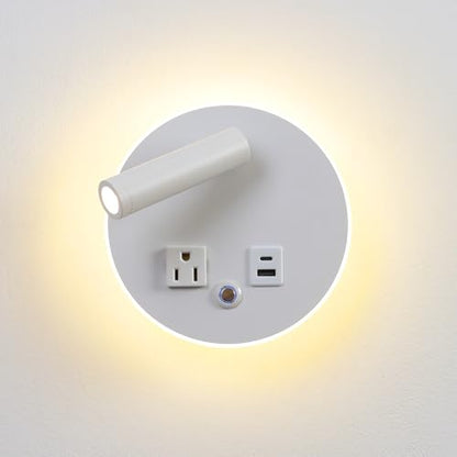 LED Round Wall Lamp Dimming Wall Mounted Reading Lights, Adjustable Headboard Plug in Wall Sconce with USB+USB C Ports, Headboard Bedside Lamp with 6W+3W Night Light 3000K (White) - color: White