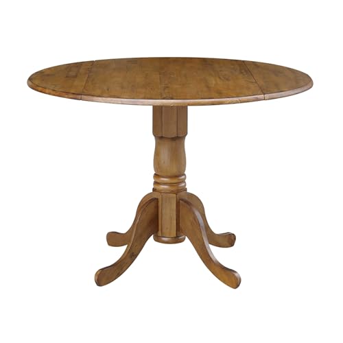 42" Round Dual Drop Leaf Pedestal Dining Table Solid Wood, Easy Assembly, Sturdy Parawood, Kitchen/Dining Room, 29.5"H x 42"W x 42"D, 20mm Thickness Top, Includes Two 9" Drop Leaves - color: Pecan