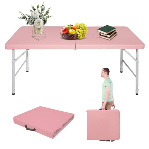 Portable 4Ft Folding Table, Heavy Duty Plastic Fold-in-Half Utility Foldable Table Small, Adjustable Height Plastic Folding Table with Carrying Handle for Camping & Party Indoor/Outdoor (Pink) - color: Pink, size: 4Ft