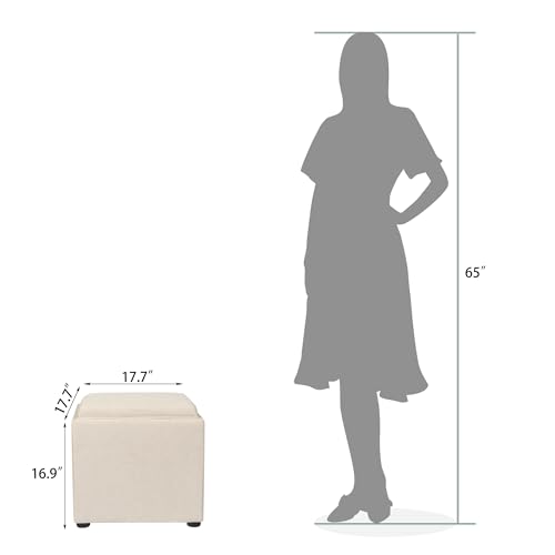 Storage Square Ottoman with Tray, Small Linen Foot Rest Stool Cube, Coffee Table for Dorm Living Room Bedroom, Beige - color: Beige