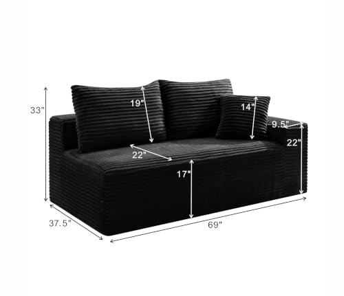Black Corduroy Armless Loveseat Sofa, Compressed Small 2-Seater Couch for Living Room, Compact Apartment Furniture