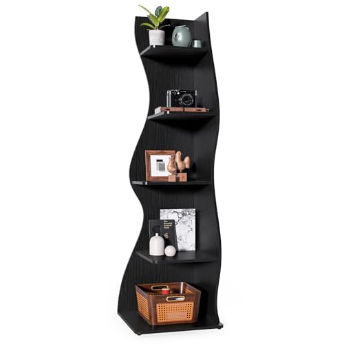 LITTLE TREE Small Corner Shelf, Modern 5-Tier Wall Wavy Corner Bookshelf | Stylish Bookcase Storage Rack for Small Space, Living Room, Bedroom, Black - color: Black, size: 1 Pack