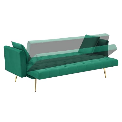71" Modern Velvet Sofa Bed Futon, Convertible Sleeper Couch, Adj. Backrest | Tufted Recliner Loveseat Design with Golden Chrome Legs & 2 Pillows, Perfect for Small Spaces, Living Room, Apartment - color: Green