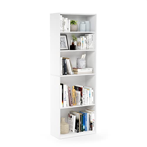 Furinno Jaya Book Shelf, 5-Tier Bookshelf, Bookcase with Adjustable Shelves, 9.5 x 24.5 x 71.2, for Organization and Storage, for Living Room, Bedroom, Home Office, White - color: White, size: 5-Tier, Adjustable Shelves