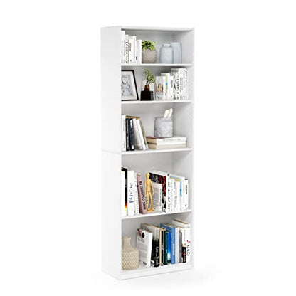 Furinno Jaya 5-Tier Book Shelf with Adjustable Shelves, White Bookshelf, Bookcase, 9.5 x 24.5 x 71.2, for Living Room, Bedroom, Home Office, Plain White - color: White, size: 5-Tier (New)