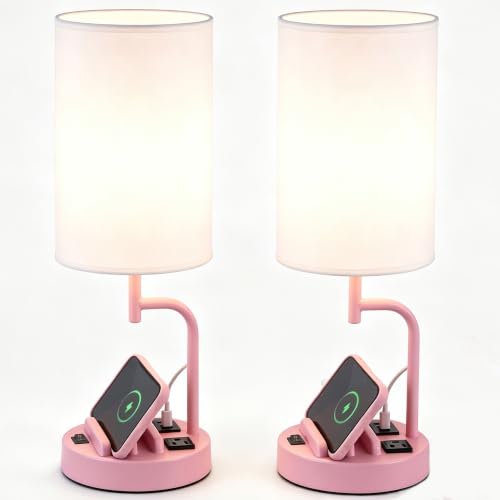 Dreamholder 2 Pack Table Lamp, Bedside Lamp with 3 USB Charging Ports & AC Outlet, USB Desk Lamp with 2 Phone Holders, Linen Fabric Shade Nightstand Lamps for Bedroom Living Room Office, Baby Pink - color: Baby Pink