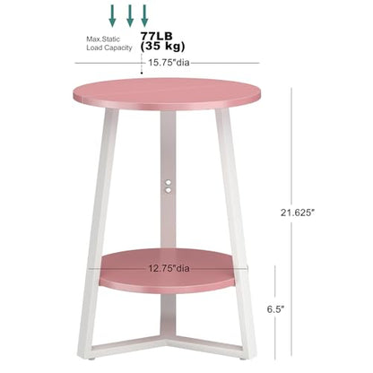 sthmec Small Round End Table, 2 Tier Side Table with Storage Shlef,Coffee Table Wooden Tabletop & Metal Frame,Round Accent Table Small Nightstands Couch Tables for Bedroom,Livingroom,Pink - color: Pink