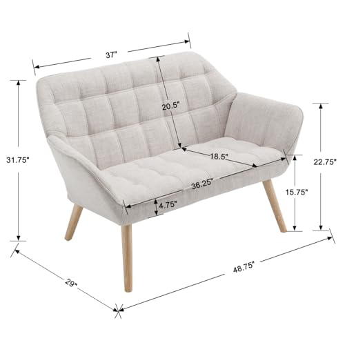 48”Small Loveseat Sofa, Modern Linen Upholstered Mini Couch 2-Seater Fluffy Love Seat with Quilting Backs and Wood Legs for Small Space Living Room, Bedroom, Beige - color: Oatmeal, size: Loveseat